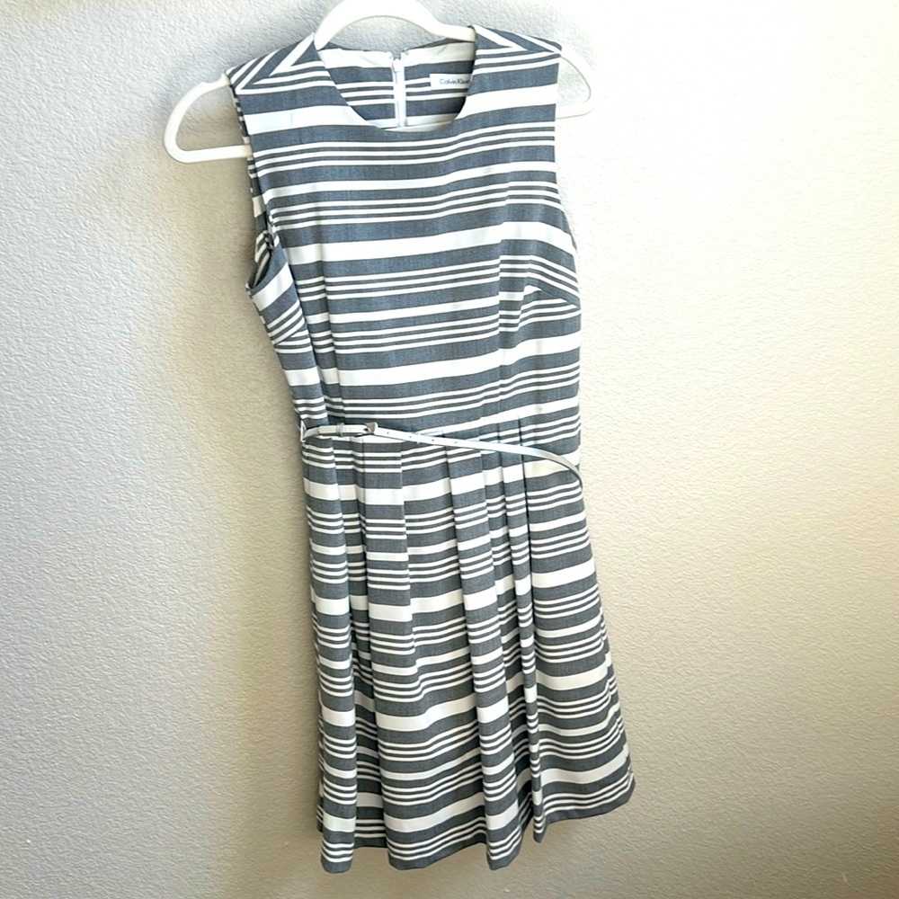 Grey and white striped fit n flare dress